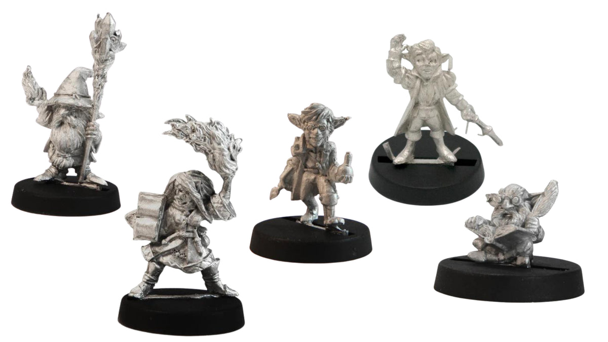 Mythic Arcanum Assembly, 5 Gnome Minis (30mm), unpainted pewter miniatures