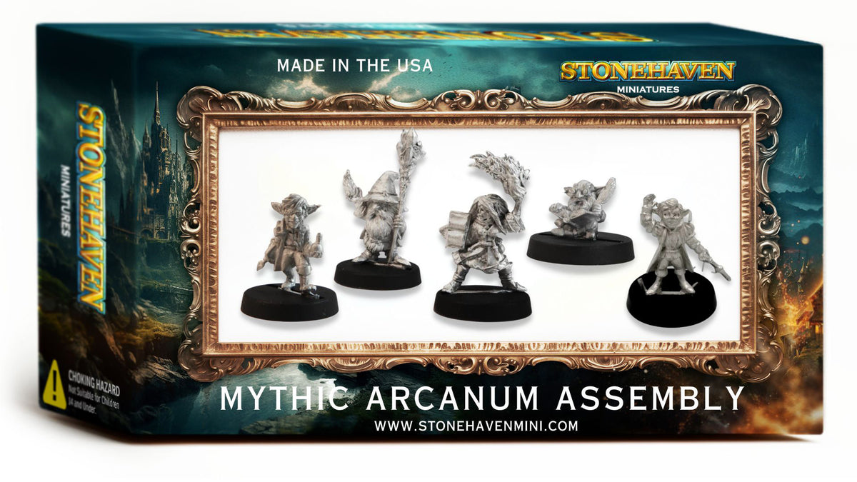 Mythic Arcanum Assembly, 5 Gnome Minis (30mm), retail box, another view