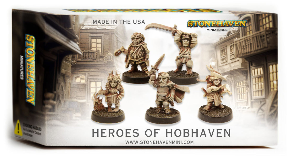Heroes of Hobhaven: 5 Halfling Stonehaven Miniatures Set for DND 30mm Scale, retail box