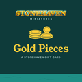 Stonehaven gift card: gold coins and the words Gold Pieces on dark green