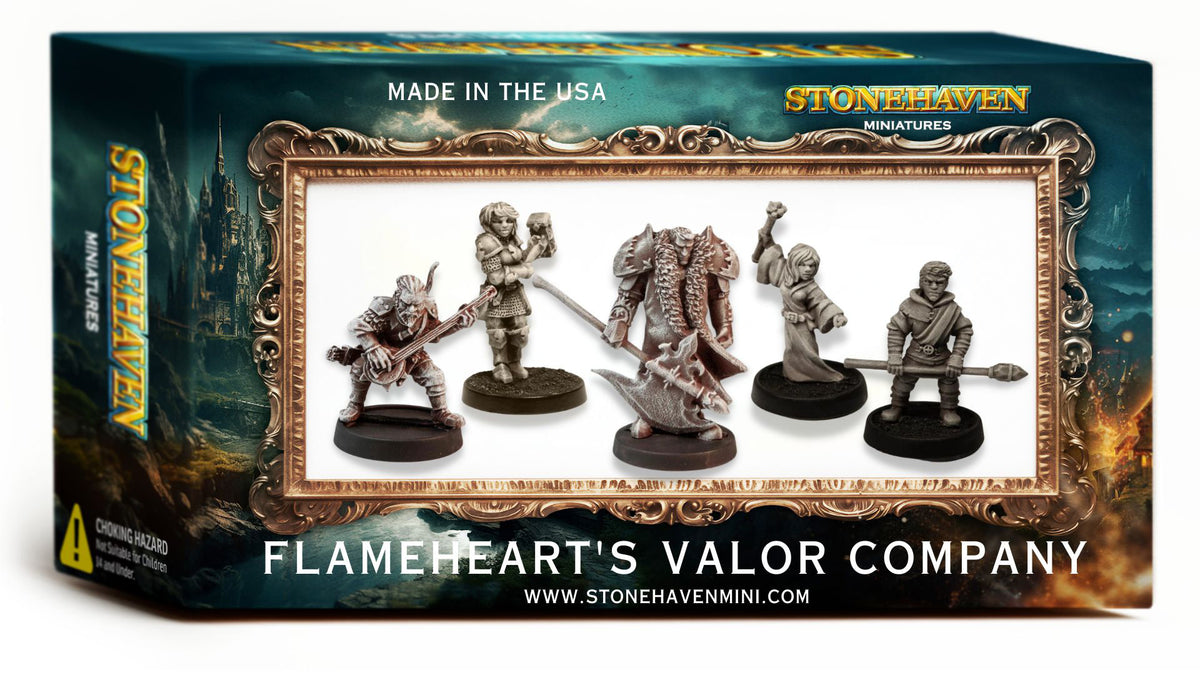 Flameheart's Valor Company Stonehaven Miniatures Set - 5 Humans 30mm RPG DND, retail box, another view