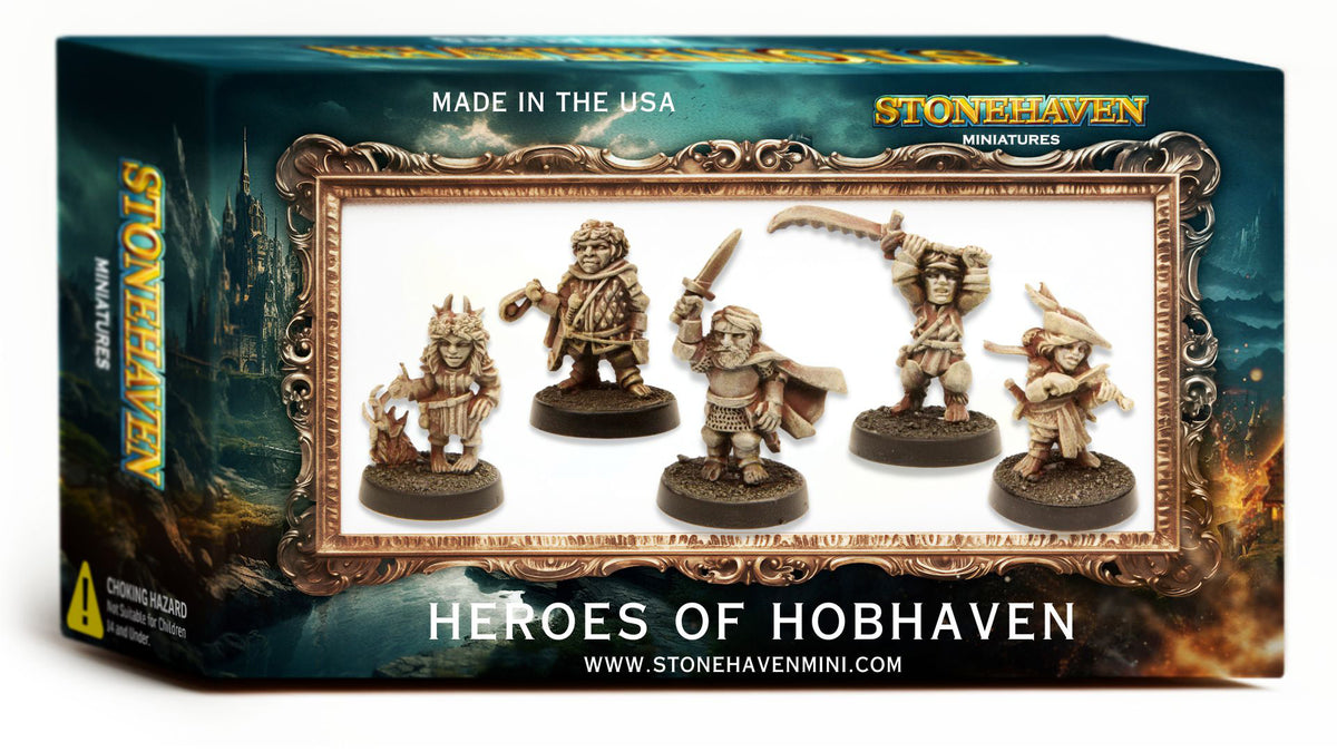 Heroes of Hobhaven: 5 Halfling Stonehaven Miniatures Set for DND 30mm Scale, retail box, another view