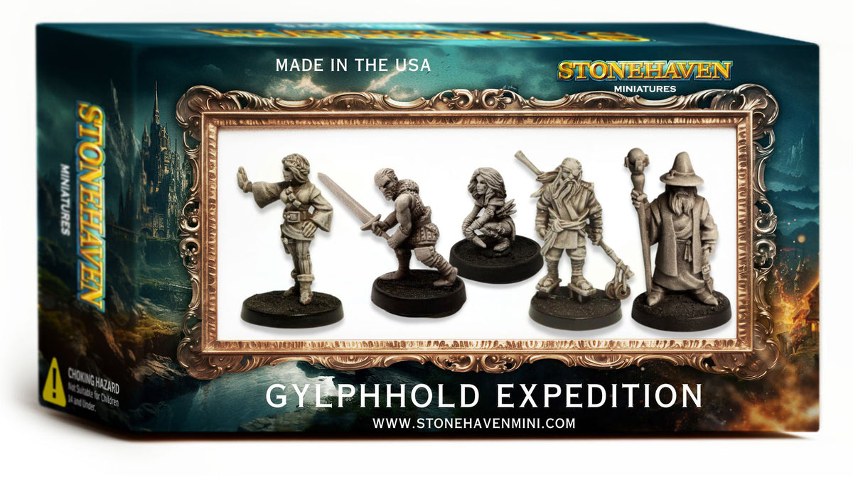 Glyphhold Expedition: 5 Human Stonehaven Miniatures for DND 30mm Unpainted Metal, retail box, another view