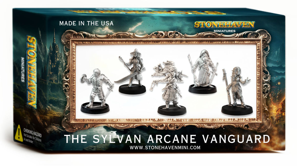 The Sylvan Arcane Vanguard - 5 30mm Scale Half-Elf Stonehaven Miniature Set, retail box, another view