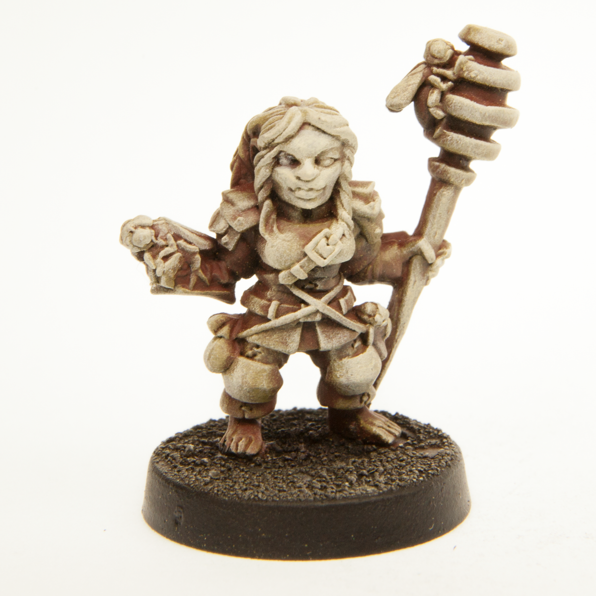 Primed pewter Halfling Honey Mage miniature, 24mm tall