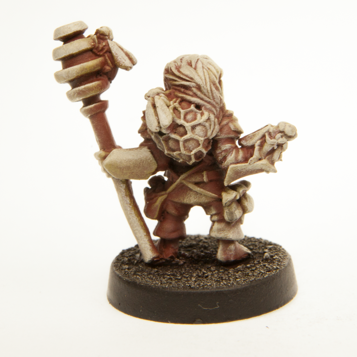 Primed pewter Halfling Honey Mage miniature, 24mm tall, another view