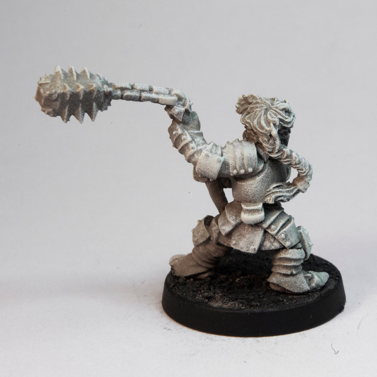 Primed pewter Dwarven Warrior miniature, 27mm tall, another view