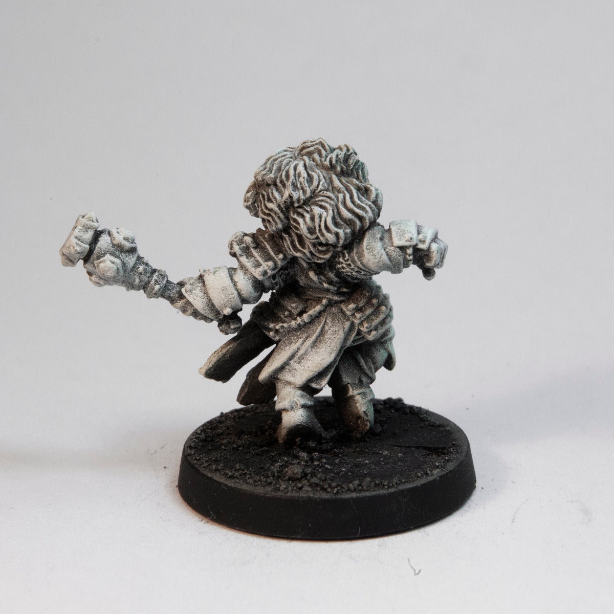 Primed pewter Dwarven Cleric miniature, 25mm tall, another view