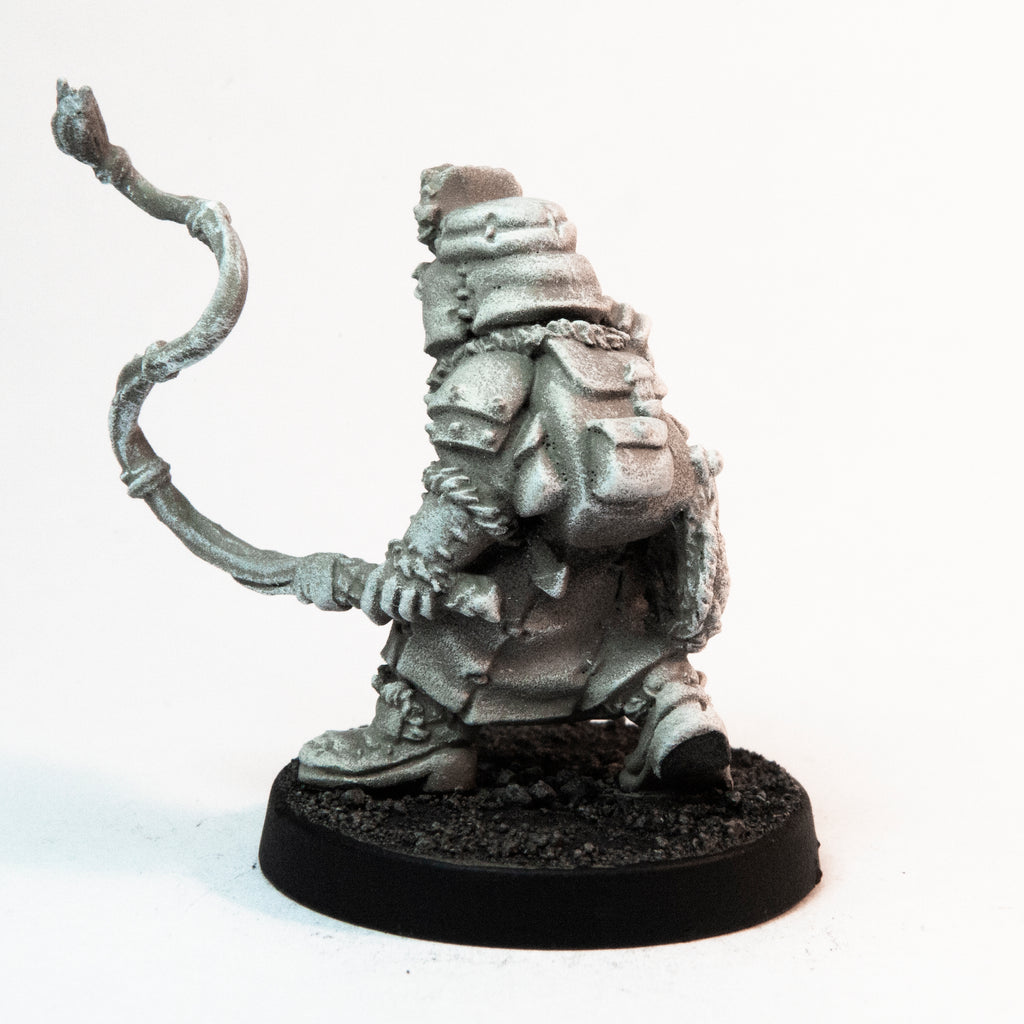Primed pewter Dwarven Belsnickel miniature, 27mm tall, another view