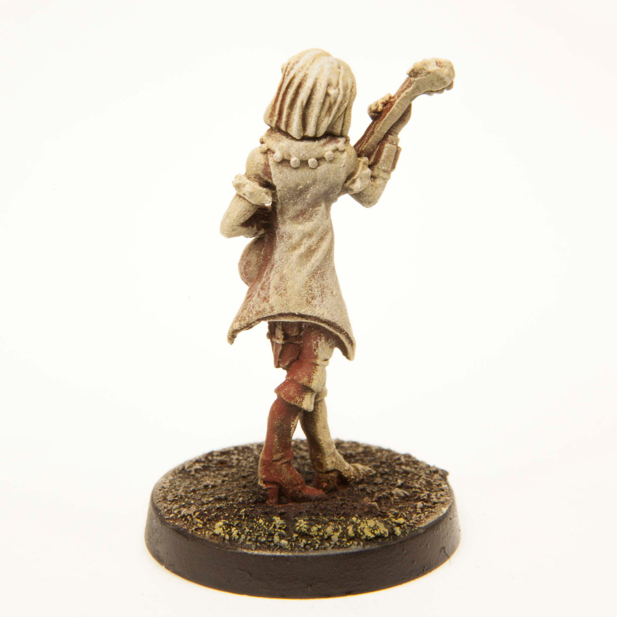 Primed pewter Elf Bard miniature, 35mm tall, another view