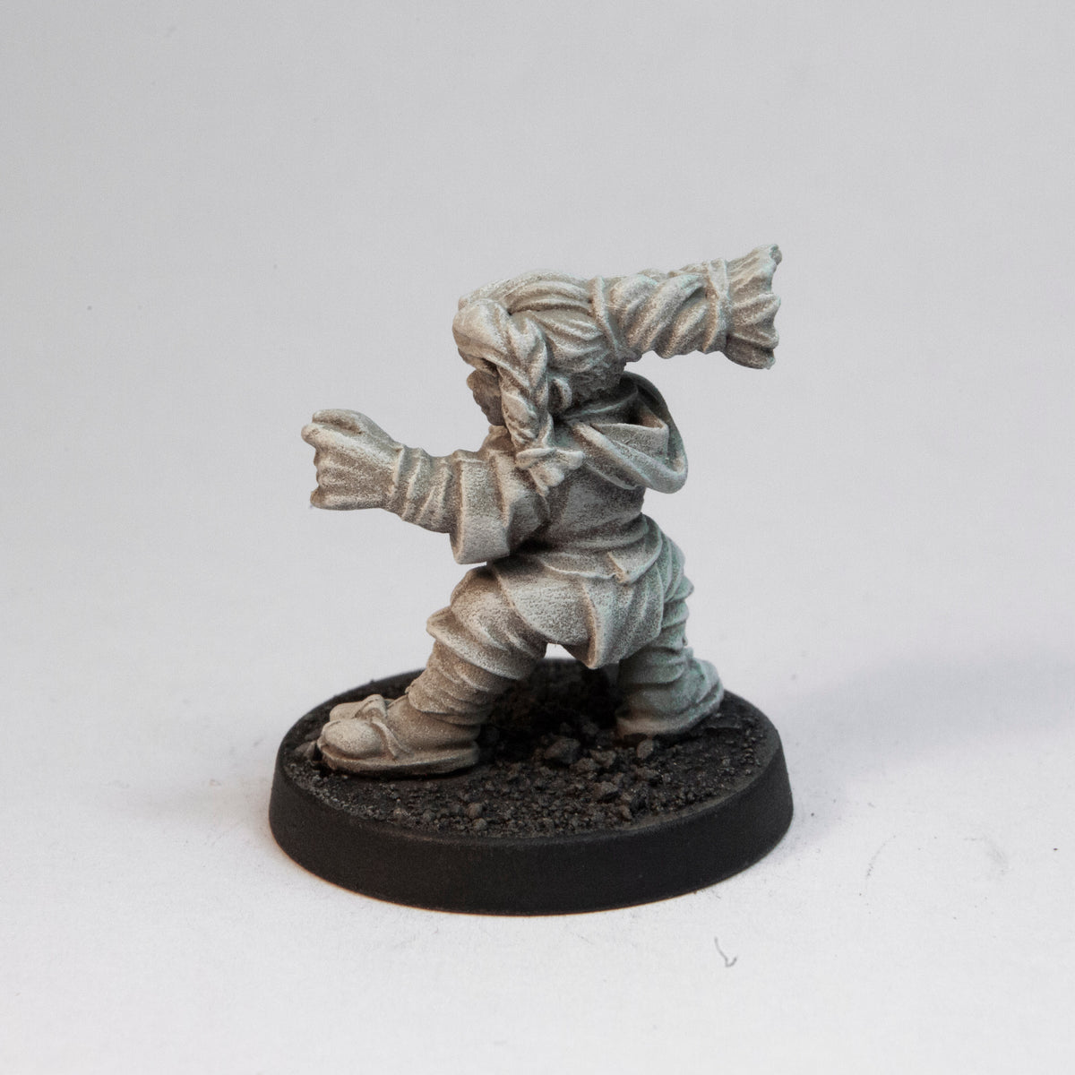 Primed pewter Dwarven Monk miniature, 24mm tall, another view