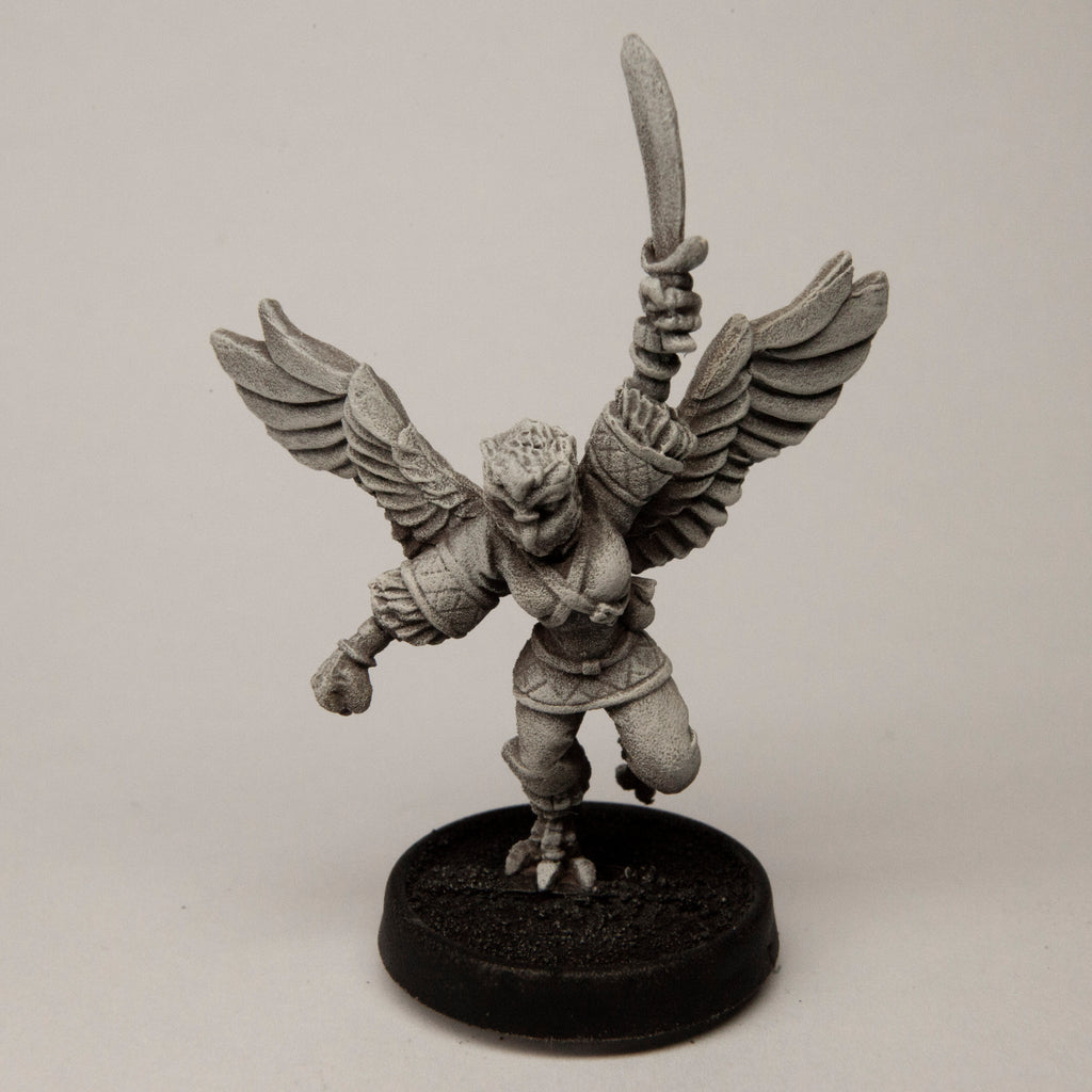 Primed pewter Female Owlfolk Fighter miniature, 51mm tall