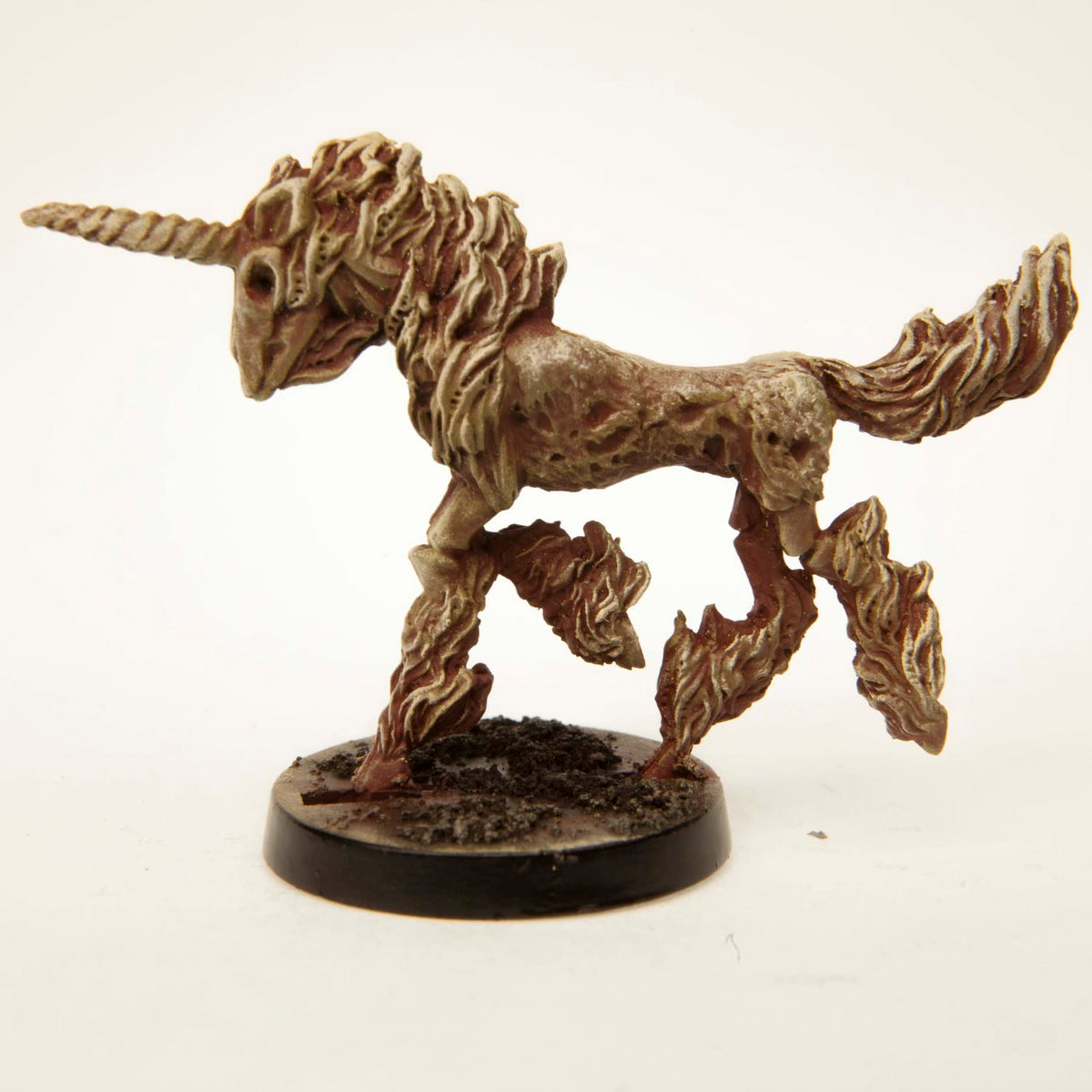 Primed pewter Flaming Undead Unicorn miniature, 35mm tall