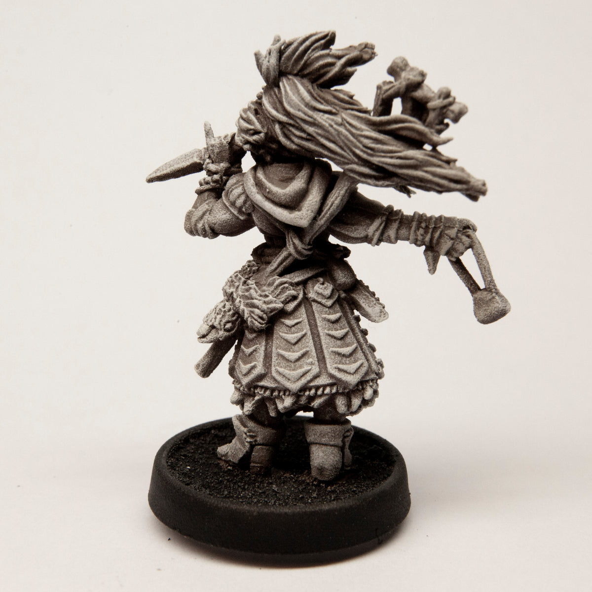 Primed pewter Female Half-Elf Witch miniature, 41mm tall, another view