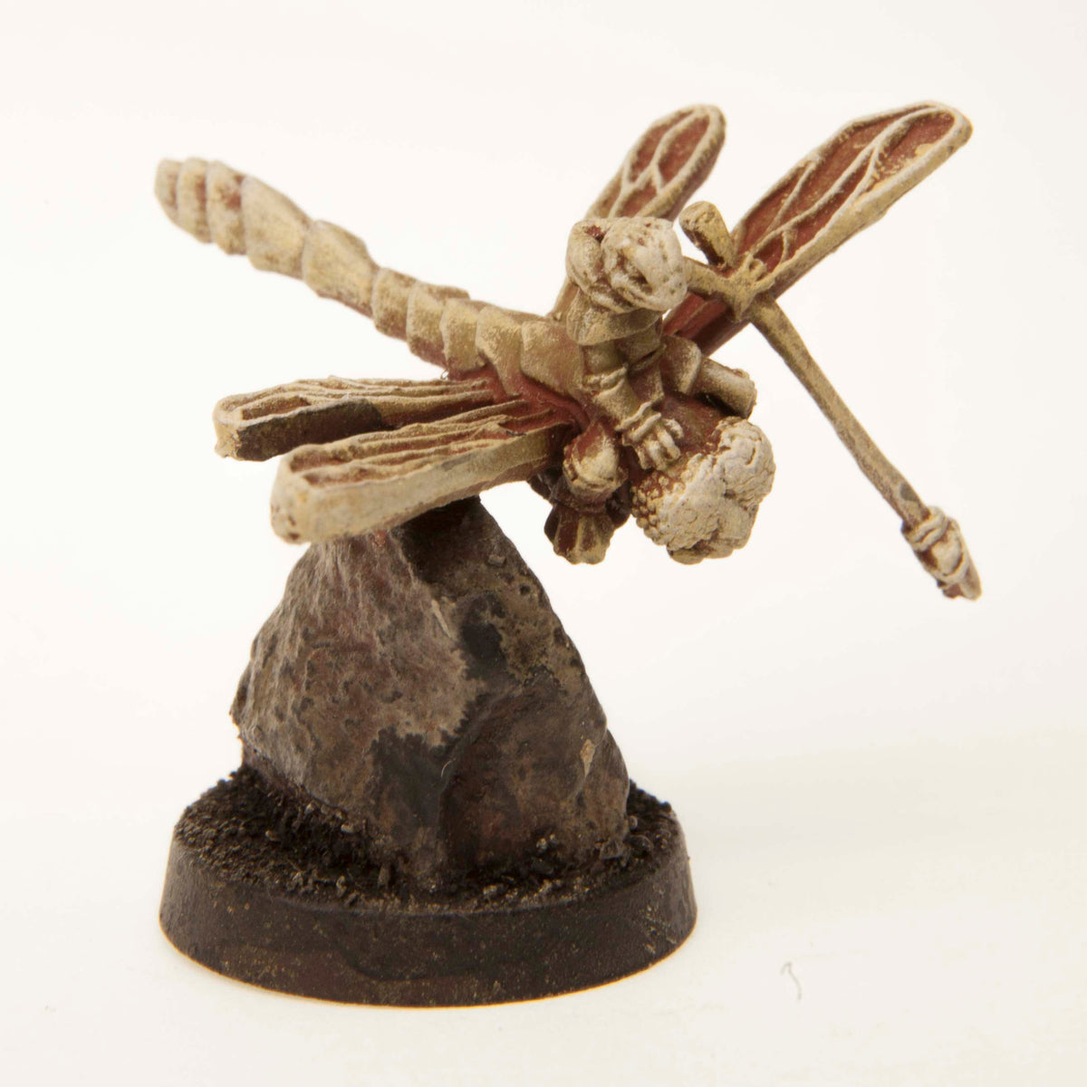 Primed pewter Grippli Spearman on Dragonfly Mount miniature, 30mm tall