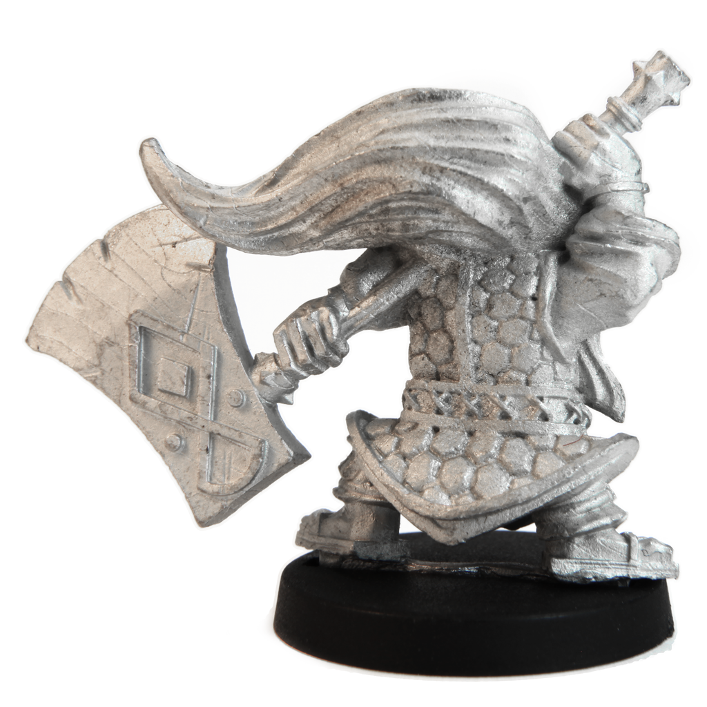 Unpainted pewter Dwarven Kabukimono miniature, 32mm tall, another view