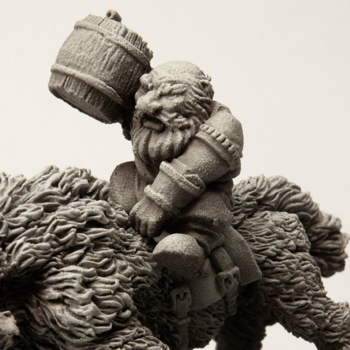 Primed pewter Male Mounted Dwarven Brewmaster miniature, 25mm long