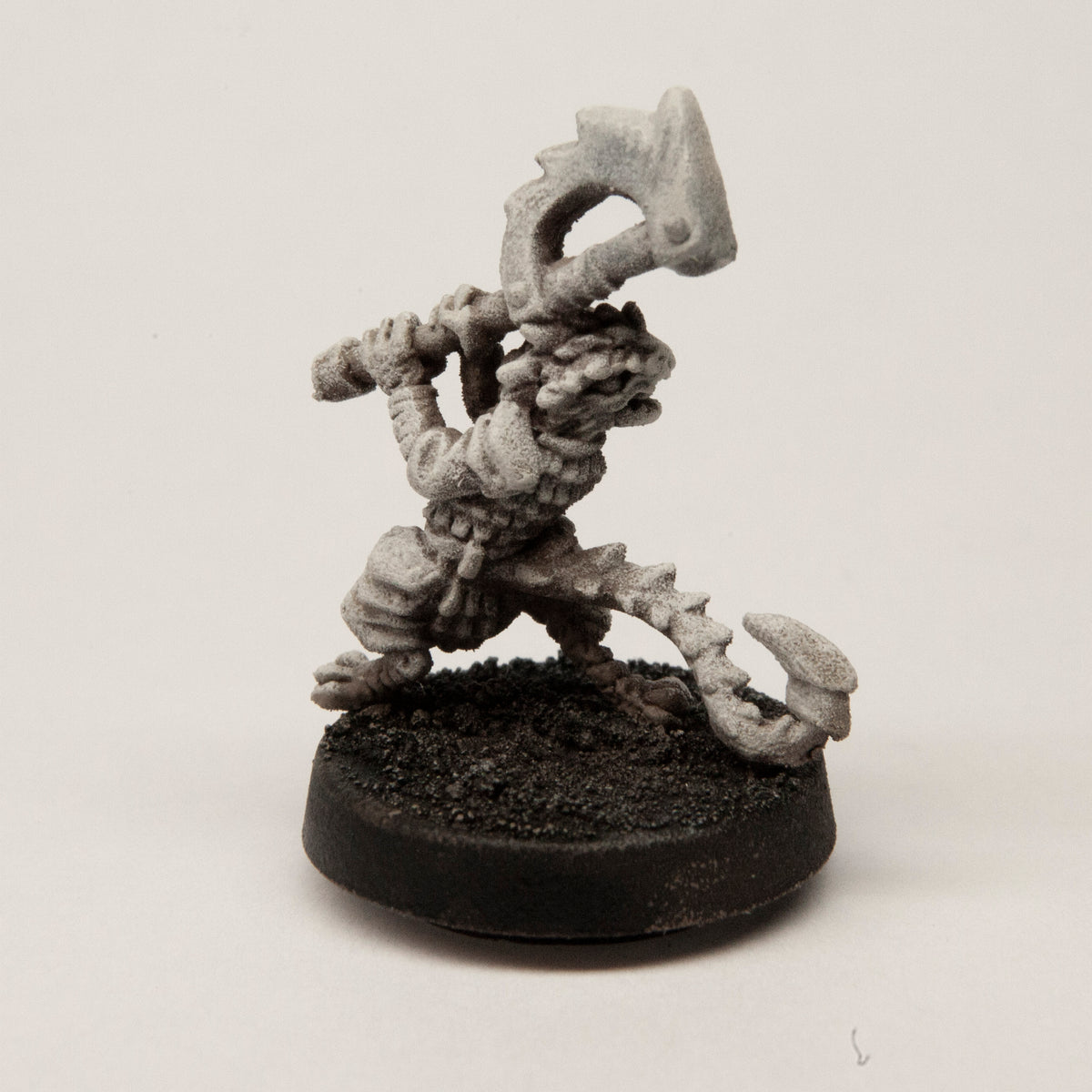 Primed pewter Male Kobold Fighter miniature, 26mm tall, another view