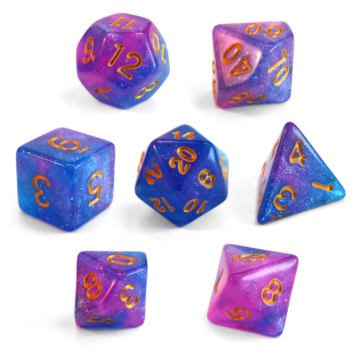 Level 1 Wizard Dice Set Polyhedral Dice (7pcs) Pink and Blue Glitter Sparkle Mixed, another view