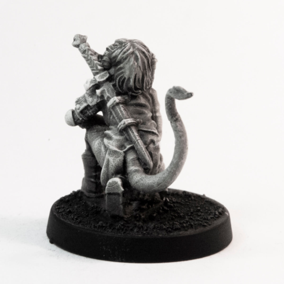 Primed pewter Tiefling Fighter miniature, 22mm tall, another view