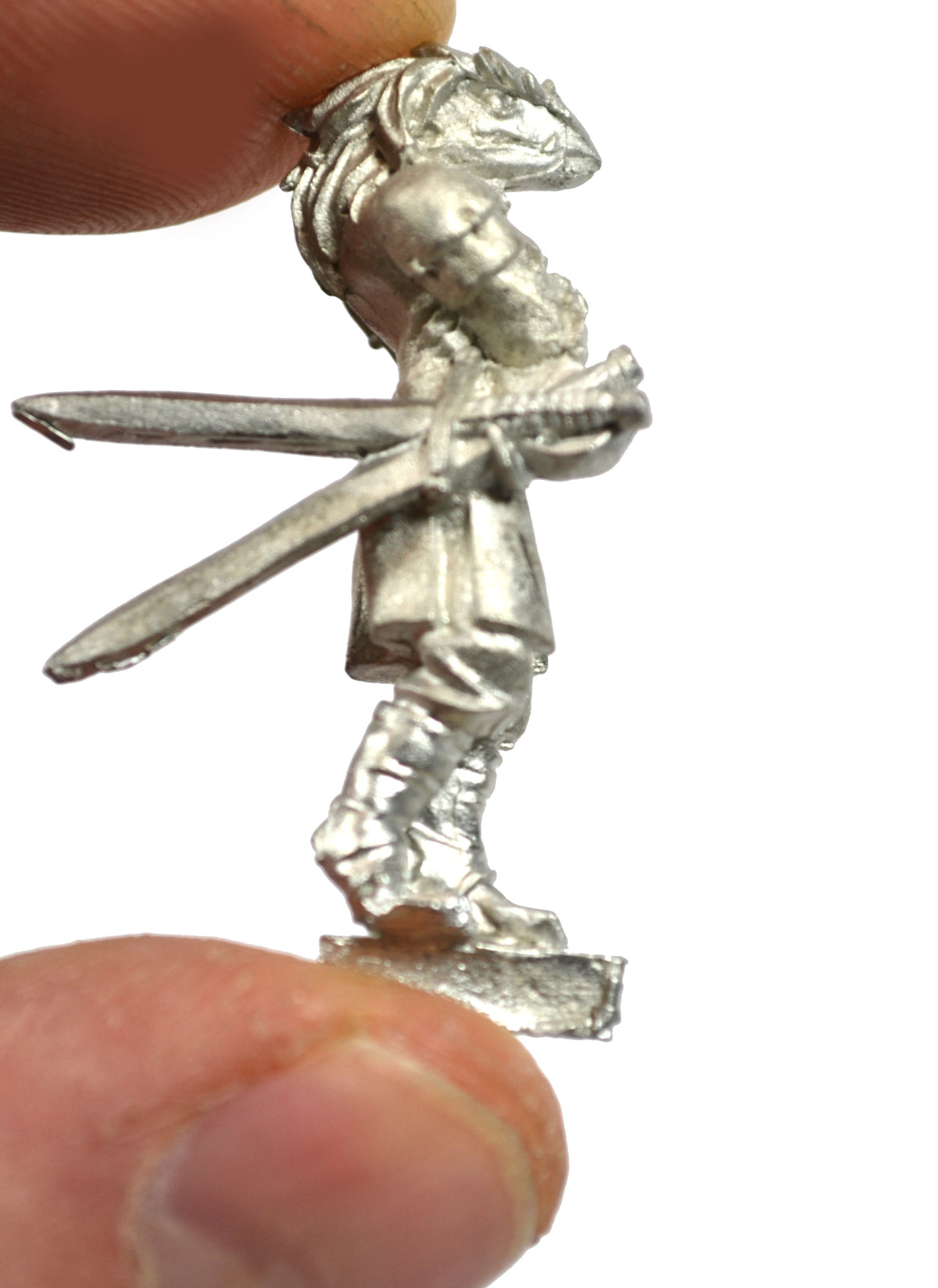 Unpainted pewter Half-Dragon Duelist miniature, 35mm tall, another view