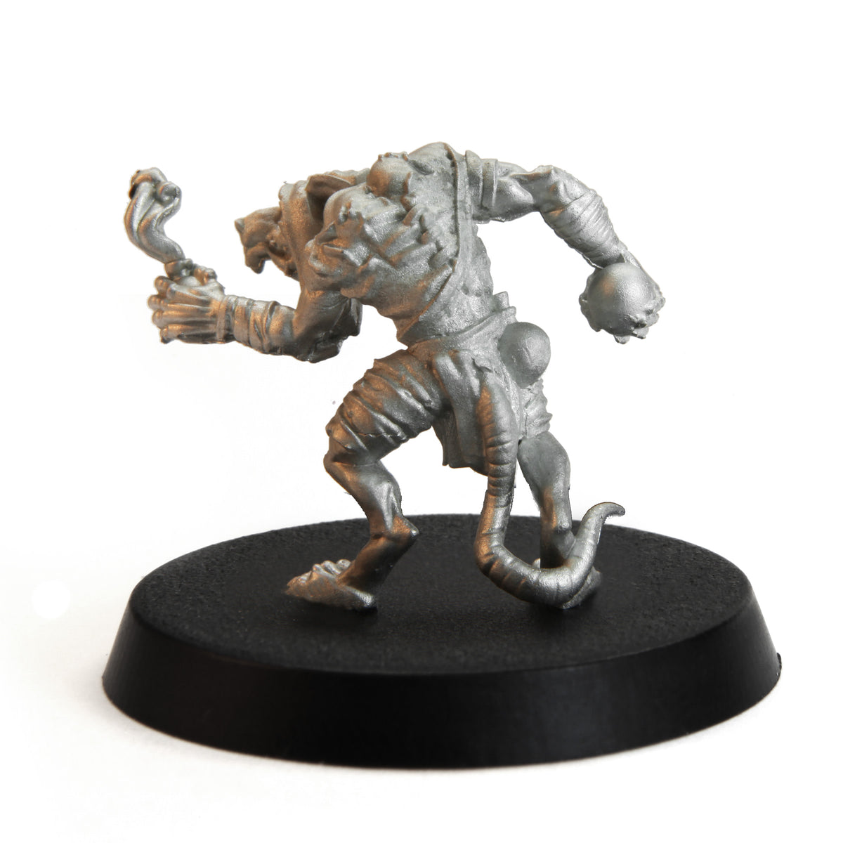 Unpainted pewter Tytantroll Ratman Alchemist miniature, 27mm tall, another view