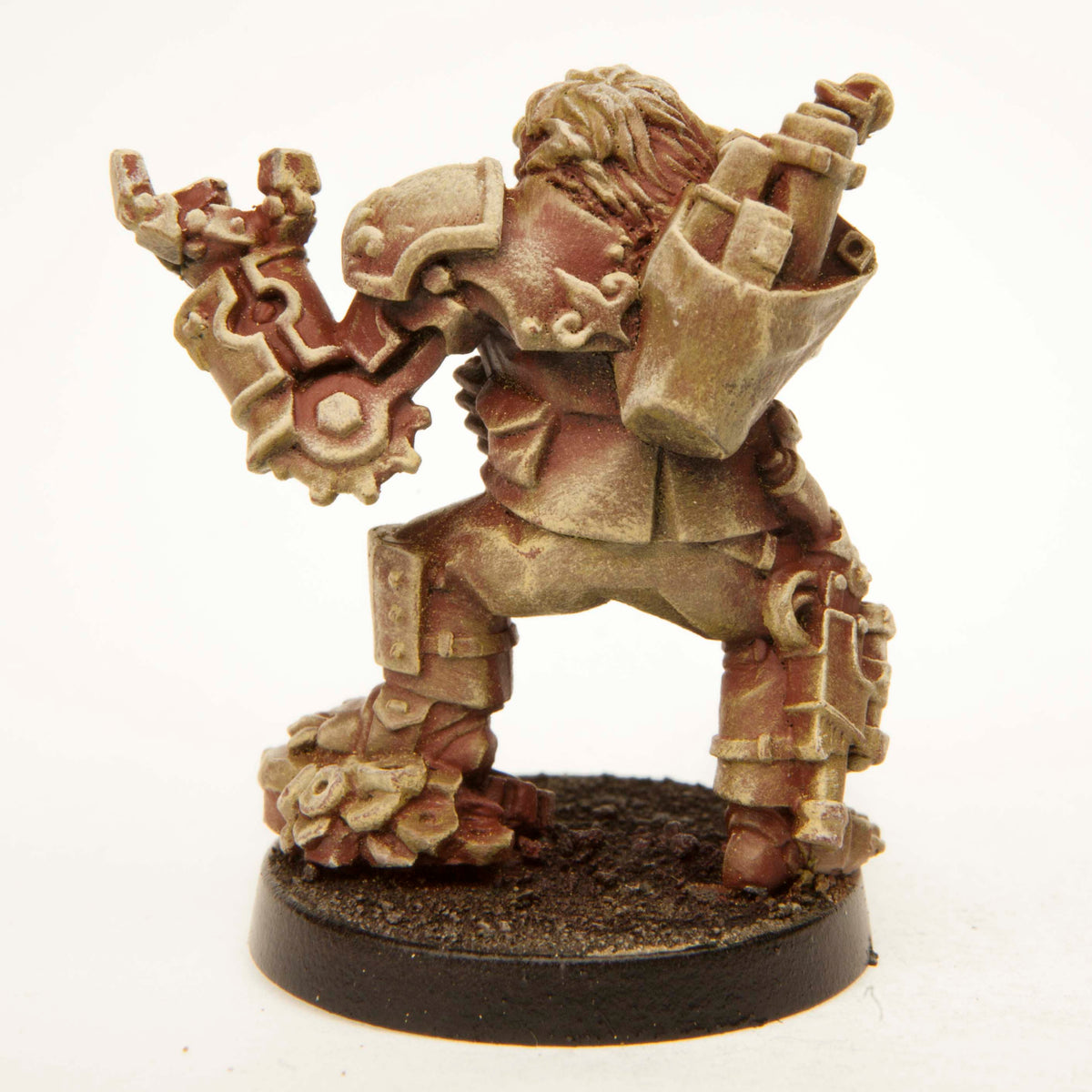 Primed pewter Half-Orc Mechanist miniature, 30mm tall, another view