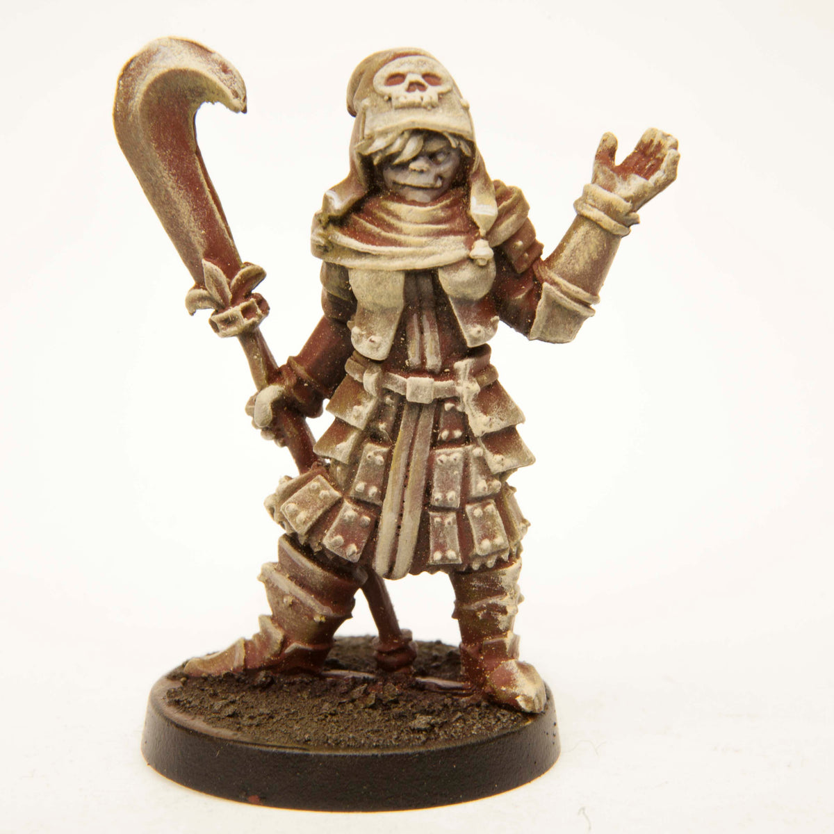 Primed pewter Half-Orc Necromancer miniature, 36mm tall