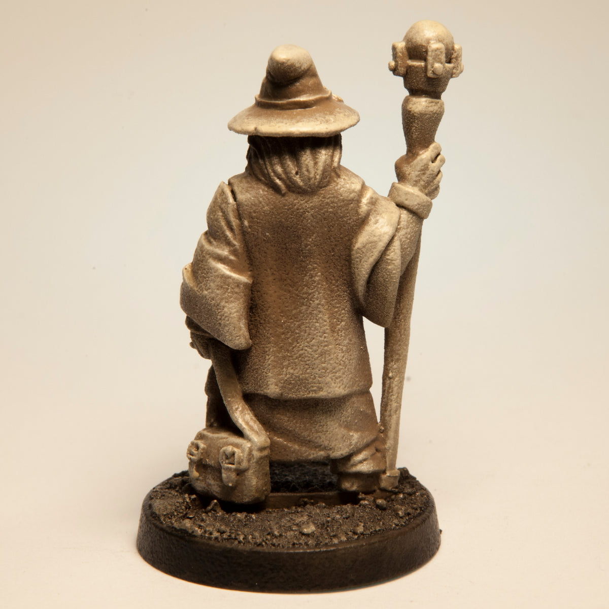 Primed pewter Human Wizard Male miniature, 36mm tall, another view