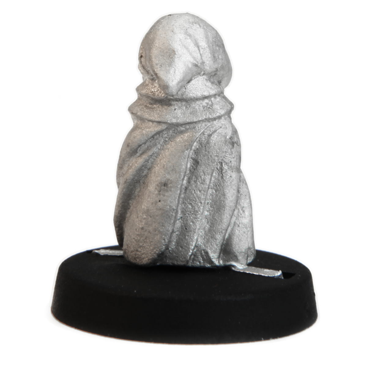 Unpainted pewter Cloaked Halfling miniature, 18mm tall, another view