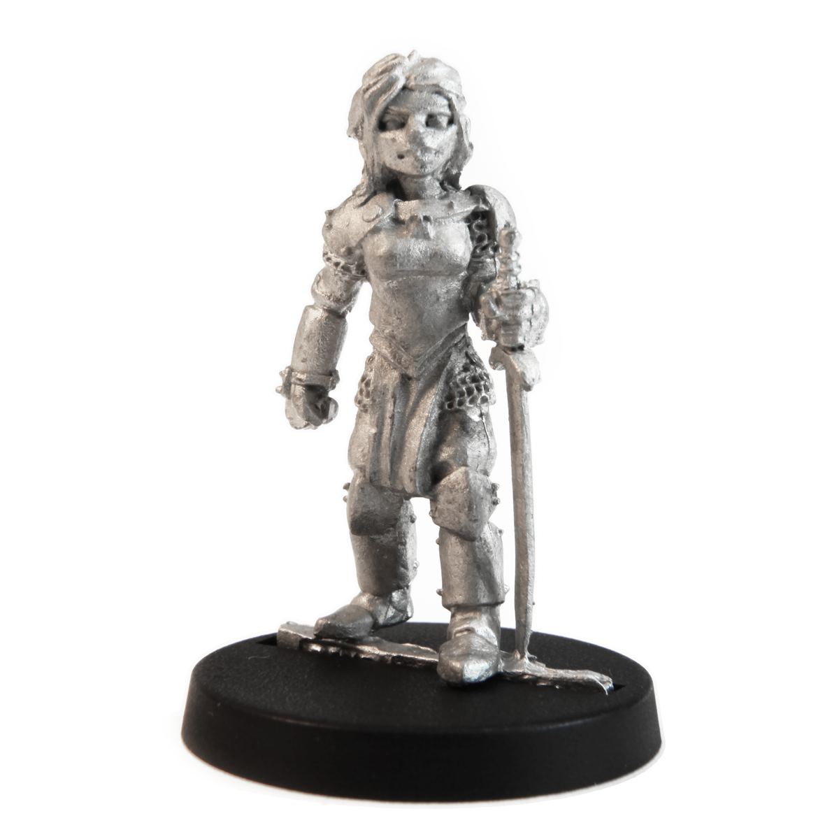 Unpainted pewter Human Squire Female miniature, 31mm tall