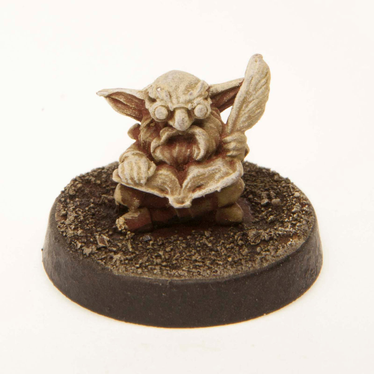 Primed pewter Gnome Scholar miniature, 10mm tall, another view