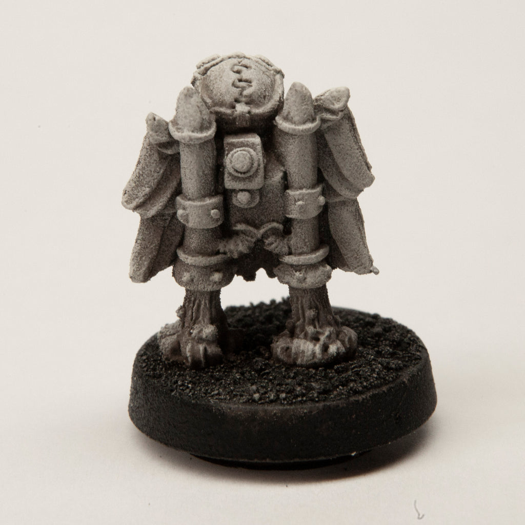 Primed pewter Owlfolk Child Mechanist miniature, 20mm tall, another view