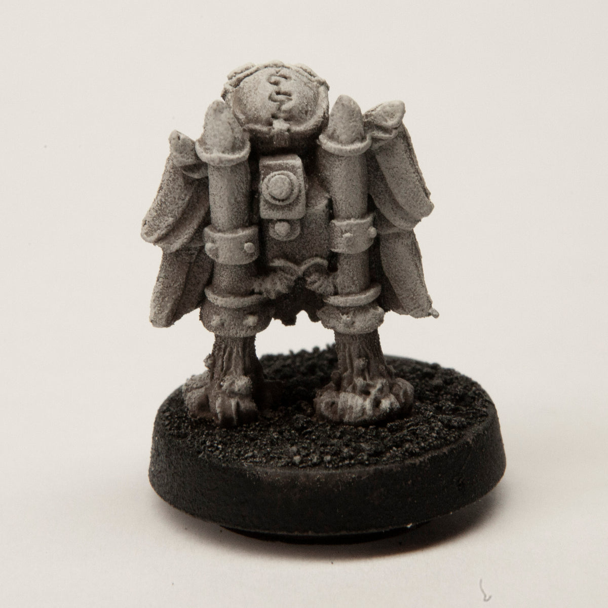 Primed pewter Owlfolk Child Mechanist miniature, 20mm tall, another view