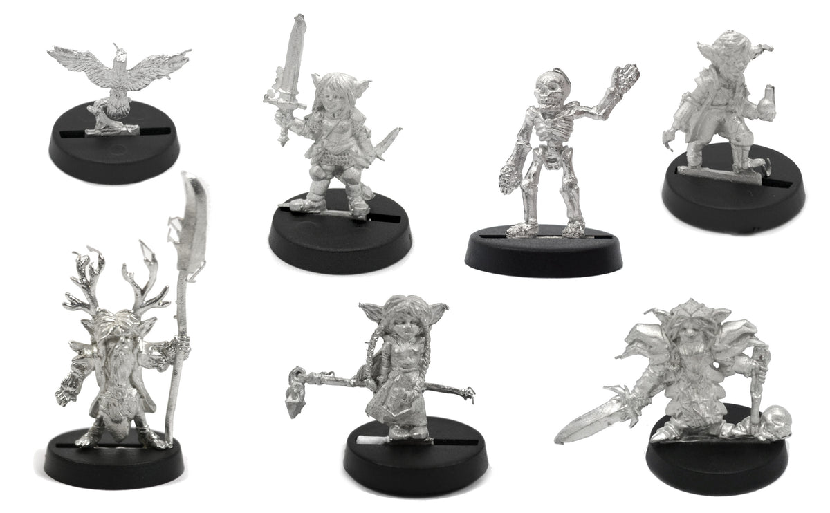 6 Piece Heroes of Sprocketshire Set, unpainted pewter miniatures