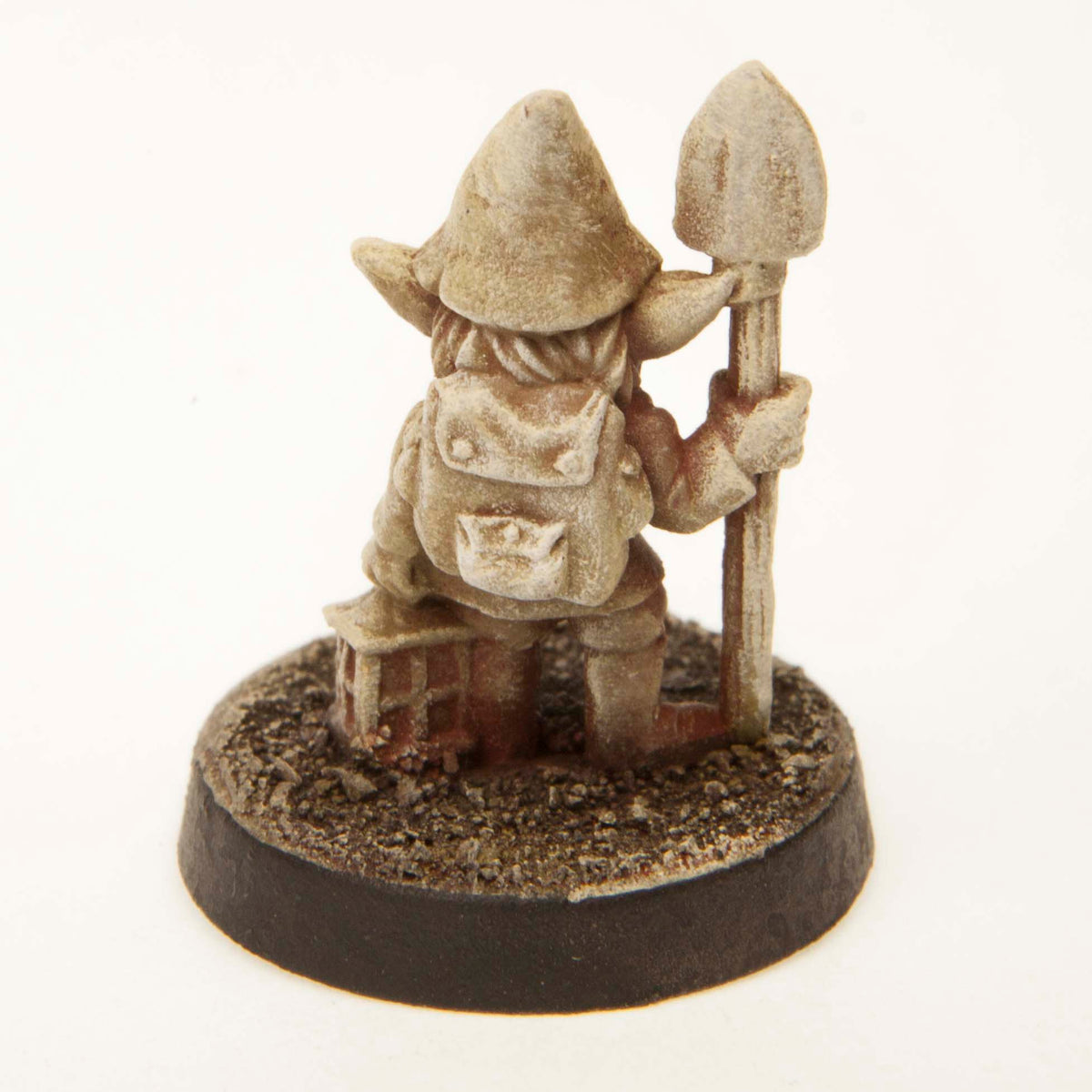Primed pewter Gnome Gardener miniature, 22mm tall, another view