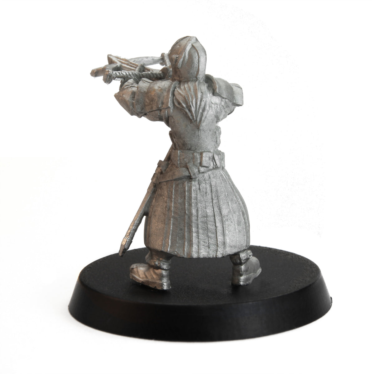 Unpainted pewter Tytantroll Crossbow Guard miniature, 36mm tall, another view