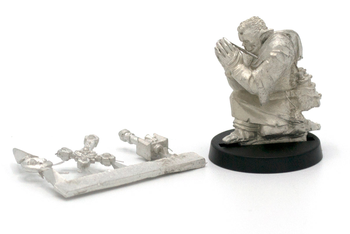 Unpainted pewter Half-Orc Cleric miniature, 25mm tall, another view