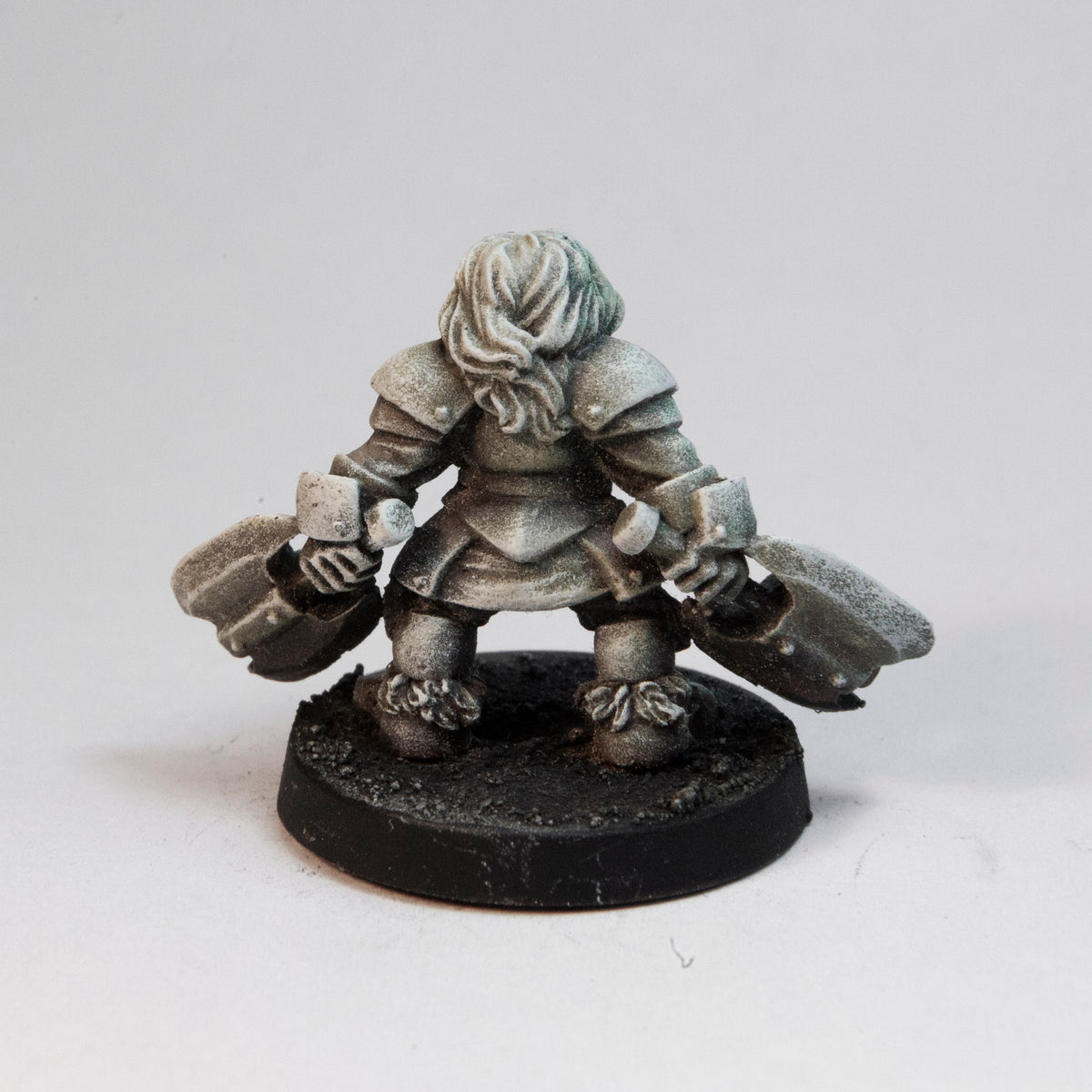 Primed pewter Dwarven Berserker miniature, 23mm tall, another view