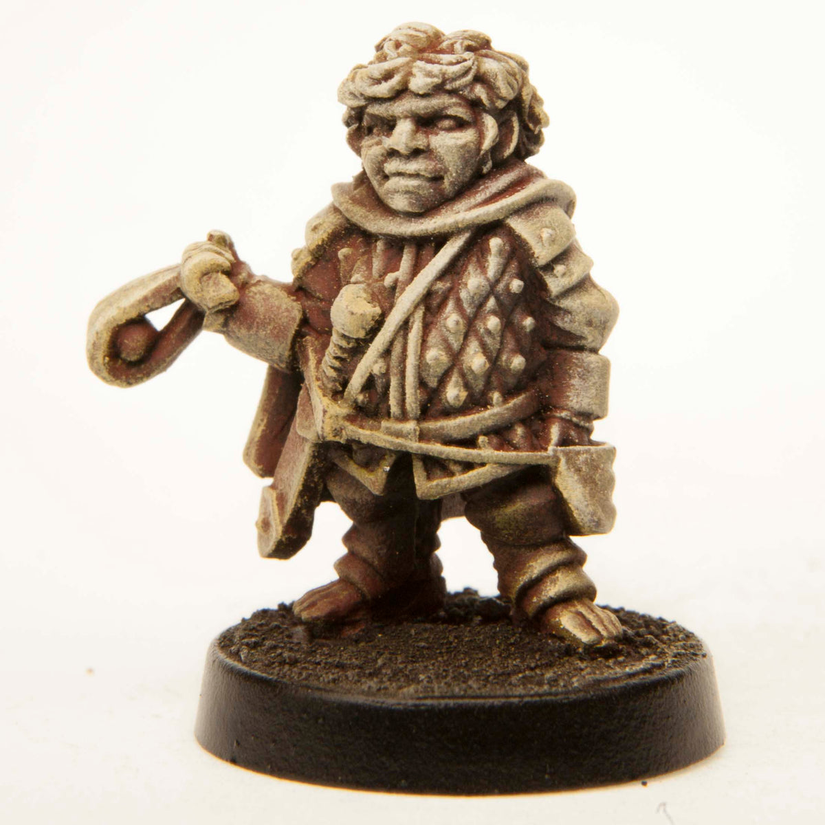 Primed pewter Male Halfling Soldier with Sling miniature, 21mm tall