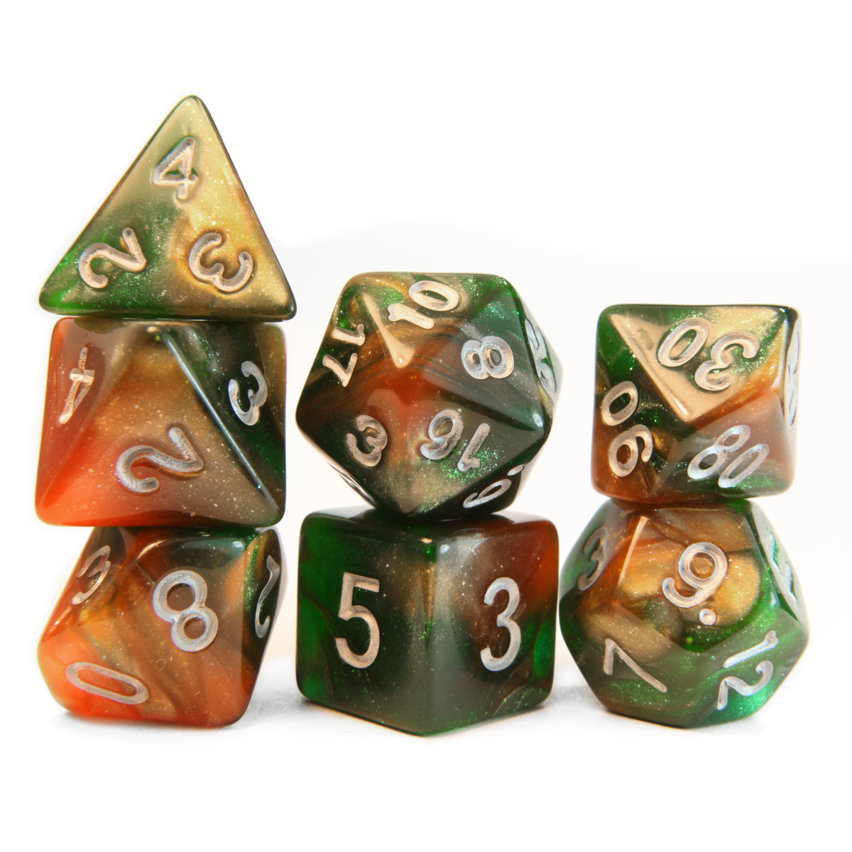 Level 1 Druid Dice Set Polyhedral Dice (7pcs) Green and Orange Glitter Sparkle Mixed