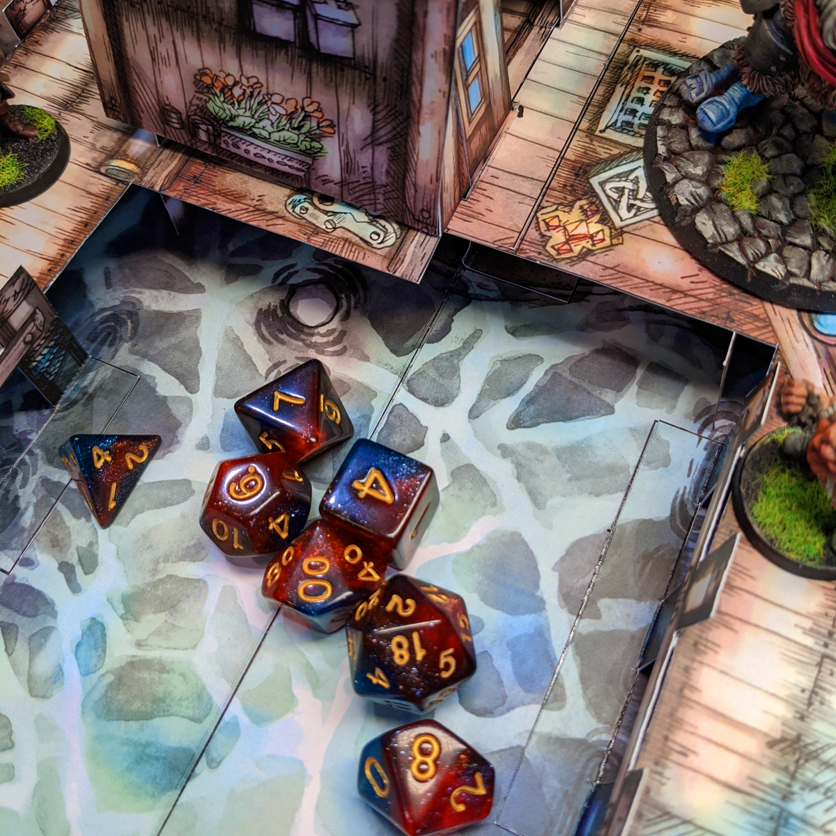 Level 1 Rogue Dice Set Polyhedral Dice (7pcs) Red and Blue Glitter Sparkle Mixed, another view