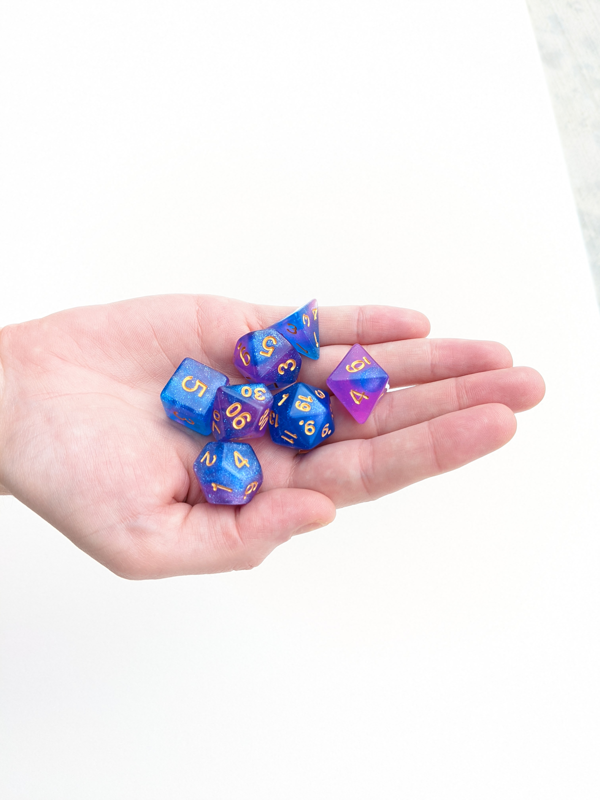 Level 1 Wizard Dice Set Polyhedral Dice (7pcs) Pink and Blue Glitter Sparkle Mixed, another view