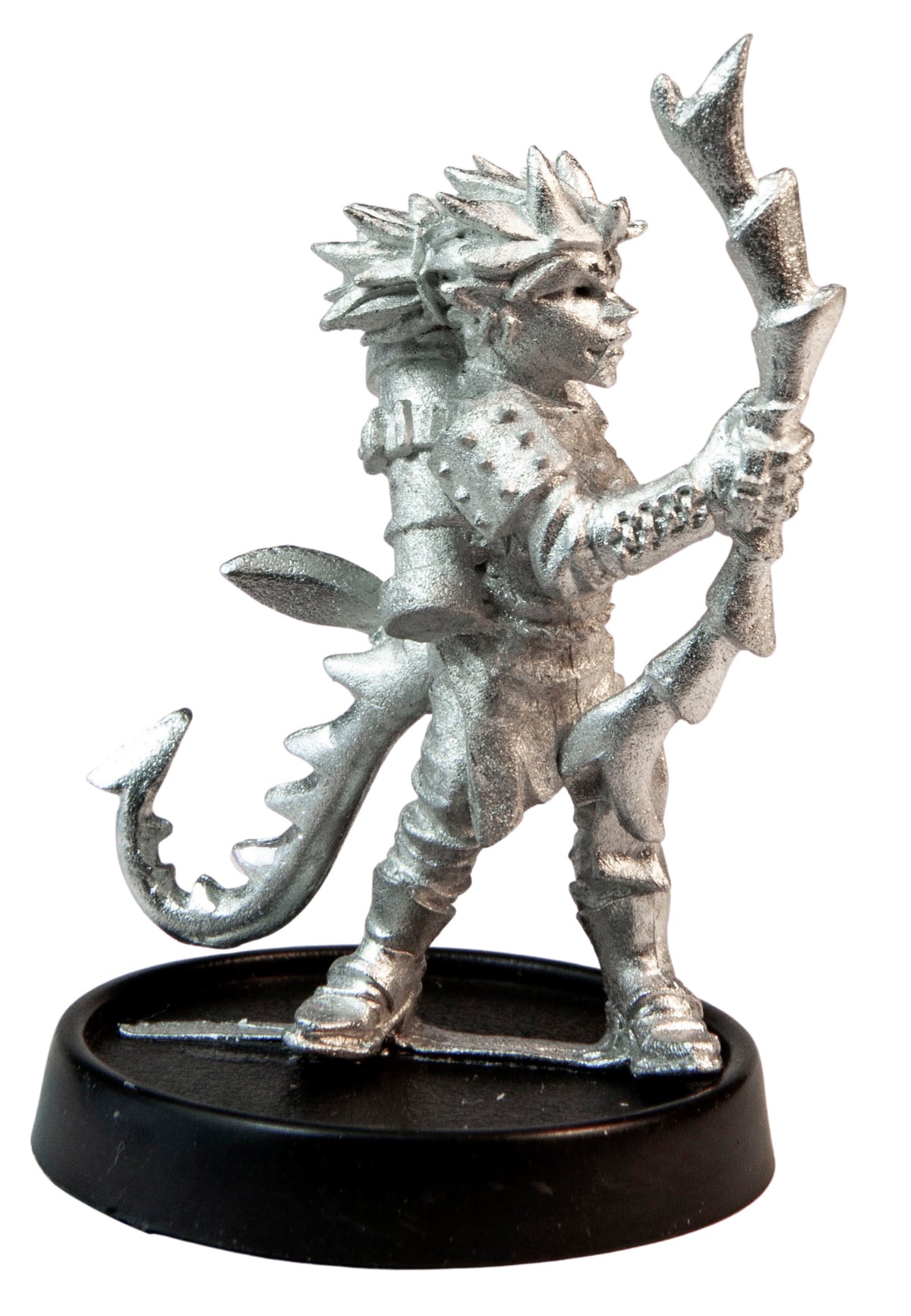Unpainted pewter Female Tiefling Ranger miniature, 41mm tall, another view