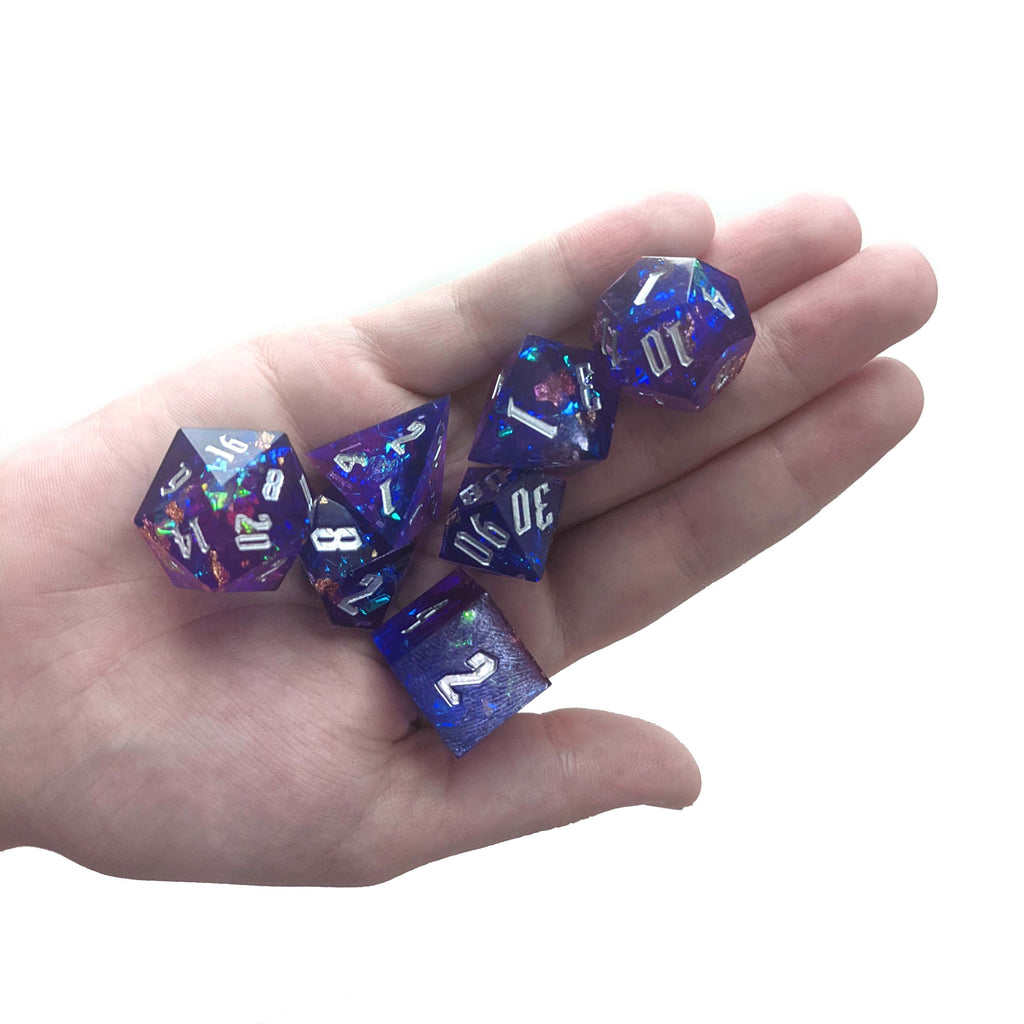 Level 14 Sorcerer Set Polyhedral Dice (7pcs) Sharp Resin Dice Purple and Blue with Gold Flecks, another view
