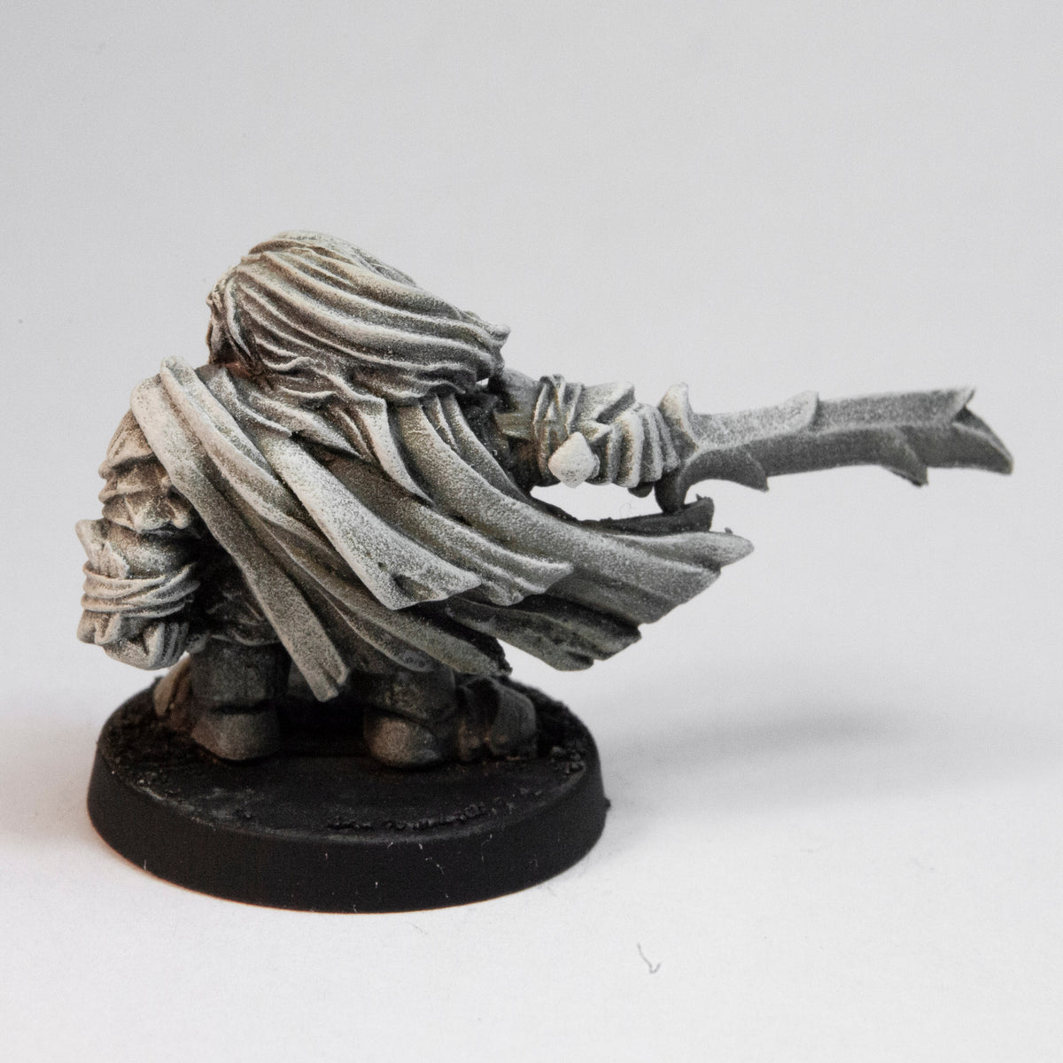 Primed pewter Dwarven Gray Warden miniature, 23mm tall, another view