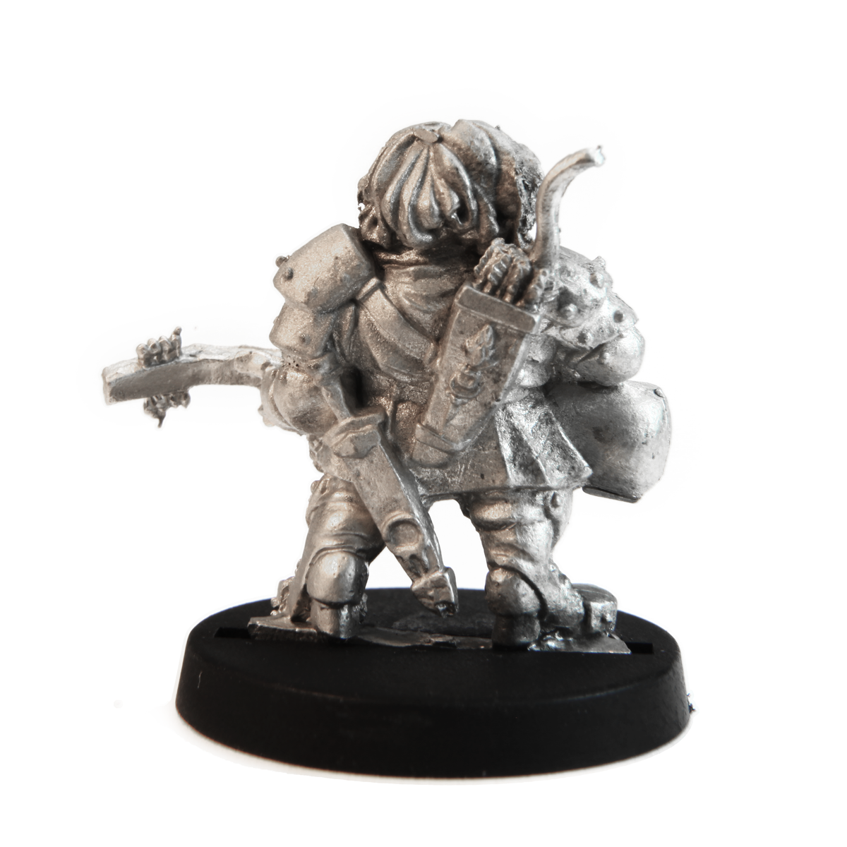Unpainted pewter Dwarf Bard miniature, 25mm tall, another view