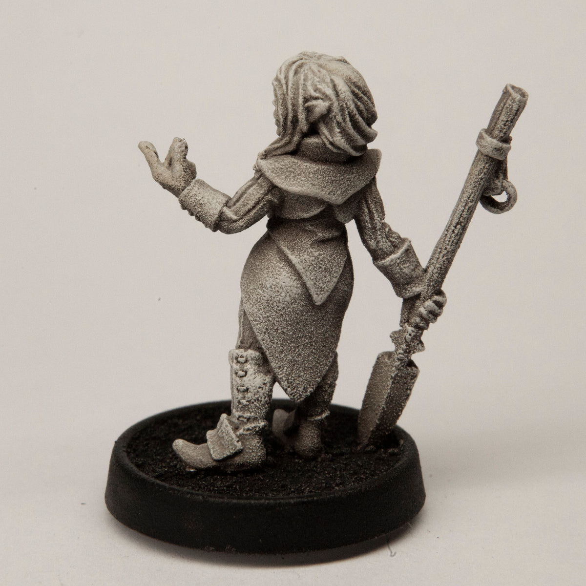 Primed pewter Female Half-Elf Monk miniature, 30mm tall, another view