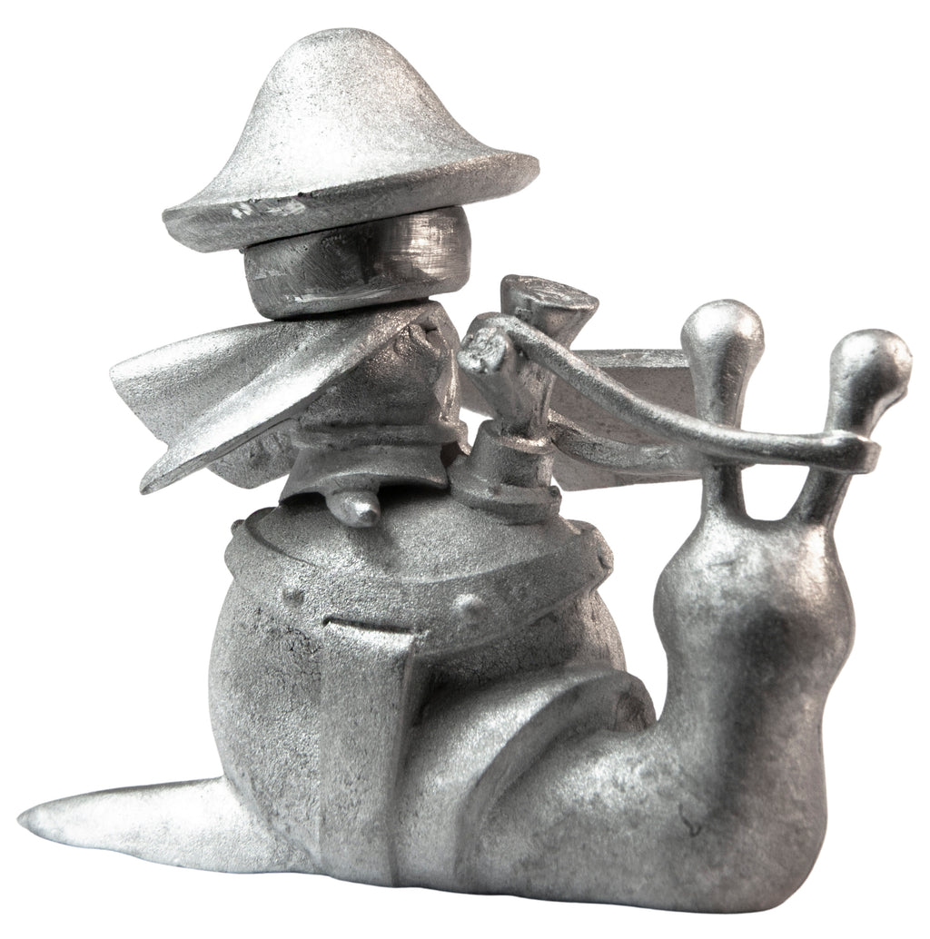 Unpainted pewter Mushroom Snail Rider miniature, 36mm tall, another view