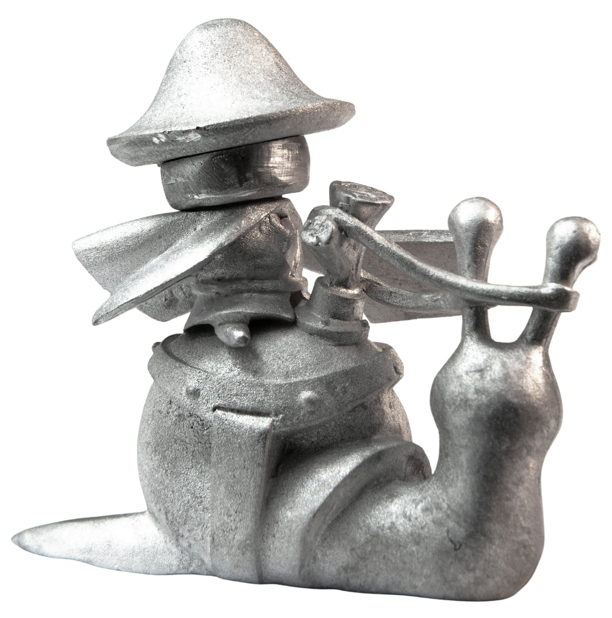 Unpainted pewter Mushroom Snail Rider miniature, 36mm tall, another view